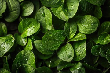 Fresh green spinach leaves with water droplets, close-up shot. Perfect for healthy eating, vegan, or organic food concept.