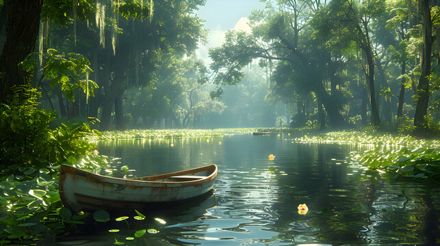 A serene nature bayou scene with a small boat gently floating on the water, surrounded by dense vegetation