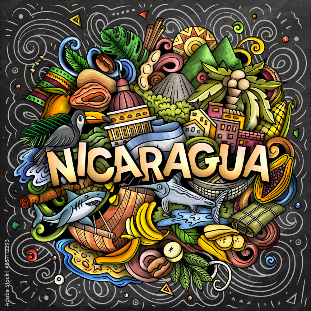 Wall mural vector funny doodle illustration with nicaragua theme. vibrant and eye-catching design, capturing th