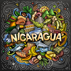 Vector funny doodle illustration with Nicaragua theme. Vibrant and eye-catching design, capturing the essence of Central America culture and traditions through playful cartoon symbols