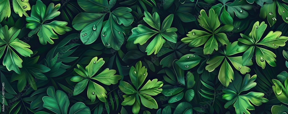 Poster vibrant green leaves with water droplets, creating a fresh and natural background perfect for variou