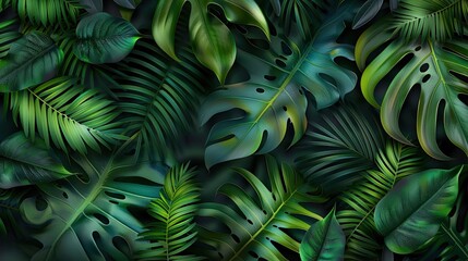 A dense arrangement of lush tropical green leaves, showcasing various textures and shades for a vibrant botanical background.