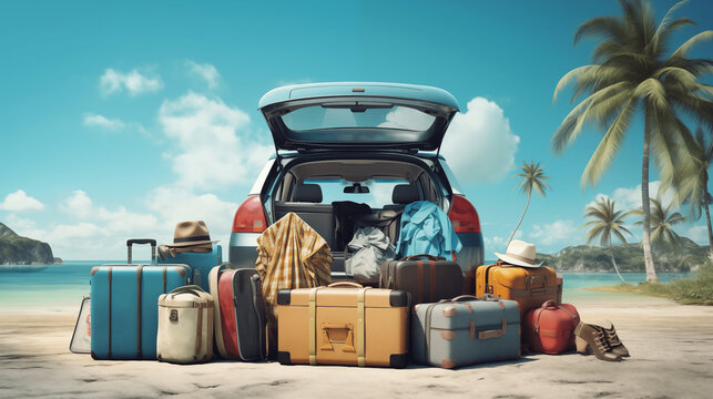 Une ancienne voiture sur un fond bleu, ciel bleu avec le coffre et le toit rempli de bagage, valise et sac. Voyager, voyageur, vacances. &Eacute;t&eacute;, soleil, s&eacute;jour. Pour conception et cr&eacute;ation graphique. 
