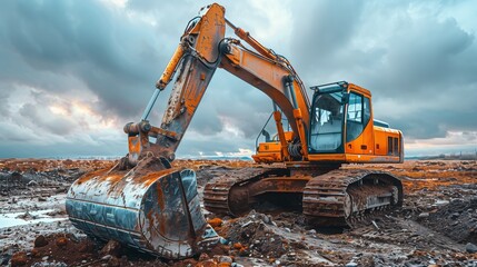 excavator in mud on construction site