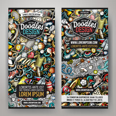 Obraz premium Cartoon vector doodle set of Sports banners templates. Corporate identity for the use on invitations, cards, apps, branding, flyers, greeting cards, postcards, web design. Funny colorful illustration.