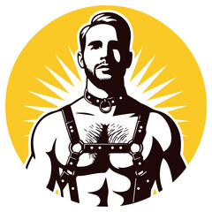 Hairy guy in harness and collar in golden sunshine after rain. Circular round graphic gay LGBT symbol, vector graphics
