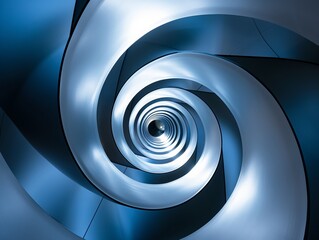 A mesmerizing spiral tunnel with smooth, metallic surfaces illuminated by blue and white lights, creating a futuristic and abstract visual effect.