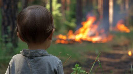 close-up, rear view, child watching fire in forest --no text, titles, --ar 16:9 --quality 0.5 --stylize 0 Job ID: 2e3e156c-c508-4f5c-af5c-d2f13816f2c1