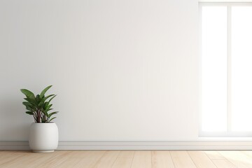 3D Rendering of Minimalist Modern Interior with White Wall, Plant, and Wooden Floor