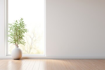 3D Rendering of Minimalist Modern Interior with White Wall, Plant, and Wooden Floor