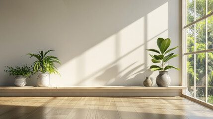 3D Rendering of Minimalist Modern Interior with White Wall, Plant, and Wooden Floor