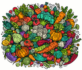 Vegetables cartoon vector doodles illustration. Nature food elements and objects background. Bright colors funny veggies picture