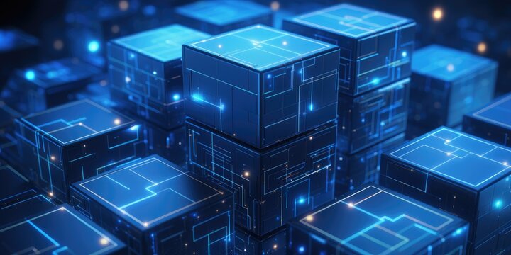 Rising momentum of data intelligence. Big data and Ai core data concept image. Dark and light metallic blue block stacked and rising, on white background  - Powered by Adobe