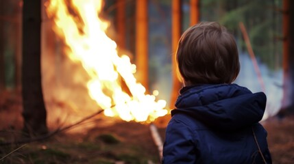 close-up, rear view, child watching fire in forest --no text, titles, --ar 16:9 --quality 0.5 --stylize 0.