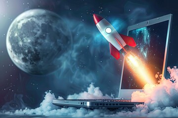 Naklejka premium 3D Rendering of Digital Rocket Launching from White Laptop with Black Screen, Surrounded by Smocks
