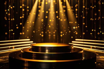 Round Podium Pedestal with Glowing Black Light Effects on Black Background. Gold Award Stage for Ceremony