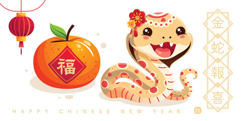 Chinese New Year 2025 illustration, cute laughing snake and mandarine with transparent background.
