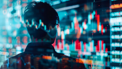 A man is looking at a computer screen with a lot of numbers and graphs