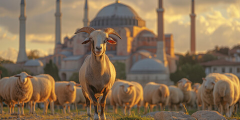 Eid Adha Beauty: Goat with Mosque and Golden Sky at Sunset, Providing Copy Space for Festive...