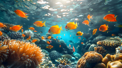 Fototapeta premium A serene nature coral atoll scene with exotic fish swimming among the corals, the water crystal clear