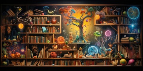 The shelf of intellectual knowledge in a vibrant state background 