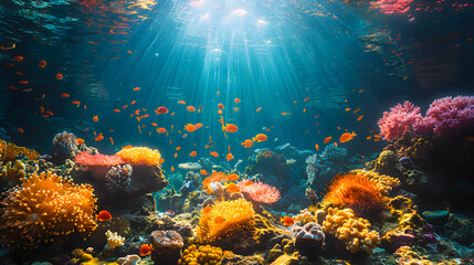 Obraz premium A serene nature coral reef scene with sunlight filtering through the water, illuminating the diverse marine life