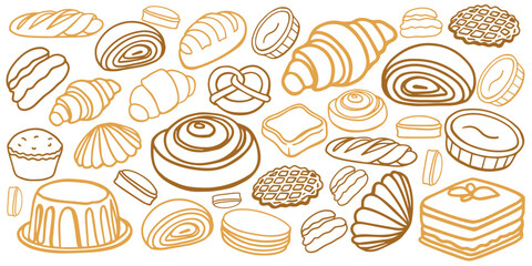 Isolated vector set of Bakery. Hand drawn and chalked cookies, barolls, pies, cakes, pastries, croissants.. Vintage template with pastries sketch. Fresh bakery. Shop. Template.	