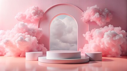  podium for product demonstration with cloud decoration, minimalism, geometric shapes, pastel colours, 