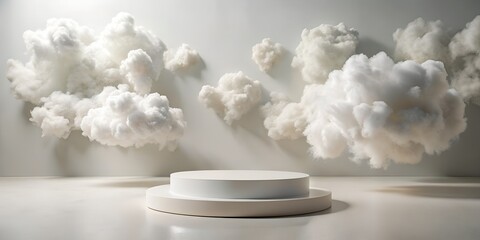  podium for product demonstration with cloud decoration, minimalism, geometric shapes, pastel colours, 