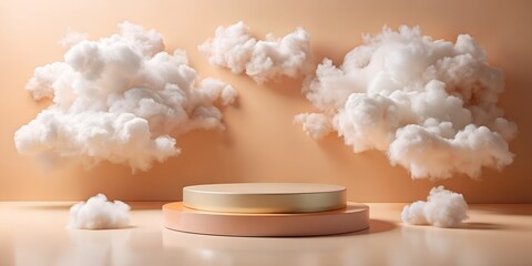  podium for product demonstration with cloud decoration, minimalism, geometric shapes, pastel colours, 