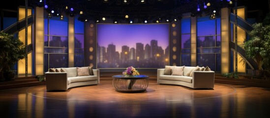 TV studio set in preparation. TV talk show and variety background 