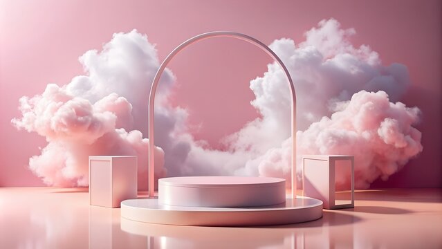  podium for product demonstration with cloud decoration, minimalism, geometric shapes, pastel colours, 