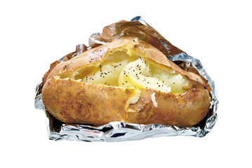Baked potato with butter, wrapped in foil.