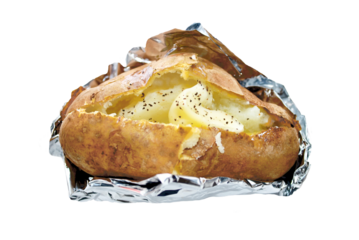 Baked potato with butter, wrapped in foil.