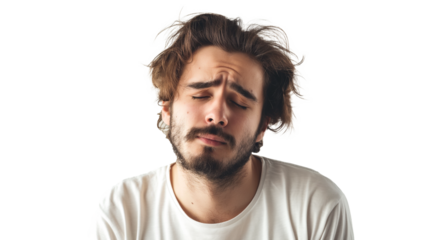 portrait of a sad man isolated on transparent background, stressed man cut out 