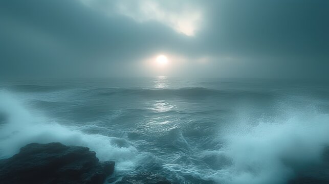 Tranquil Seascape at Dawn - A serene seascape at dawn with large rocks in the calm water, under a dramatic, cloudy sky.