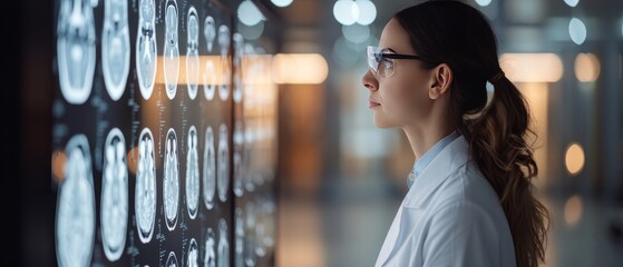 Female doctor examines medical scans on a lightbox in a hospital. Professional healthcare worker analyzing X-ray images for diagnosis.