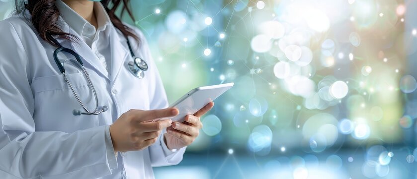 A healthcare worker using a virtual assistant to gather patient information, showcasing AI in healthcare, minimalistic and vibrant on isolate background with space for text