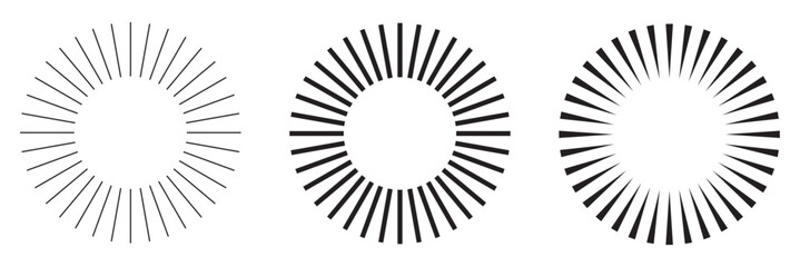 Radial circle lines. Circular radiating lines geometric element. Sun star rays symbol. Abstract geometric shapes. Design element. Vector illustration isolated on white background.
