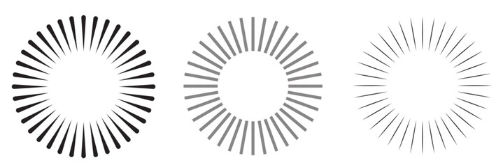 Radial circle lines. Circular radiating lines geometric elements. Sun star rays symbol