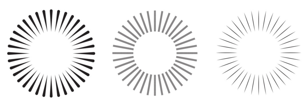 Radial circle lines. Circular radiating lines geometric elements. Sun star rays symbol