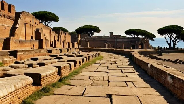 Ostia Antica, the ancient port of Rome which is now buried in sand, offers a quiet and mysterious atmosphere, with smooth looping videos.