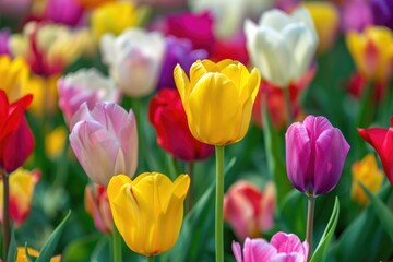 Fototapeta premium Bright Flower. Vibrant Tulip Bloom on Flowerbed in City Garden. Colorful Spring Background