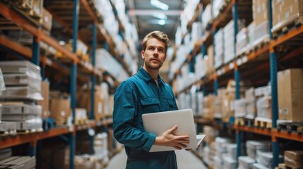 Engineering Laptop. Confident engineer with Laptop in Warehouse Setting
