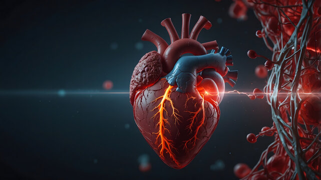 Blue and Red glowing futuristic heart on black background symbolizing heart disease concepts and technology for solutions