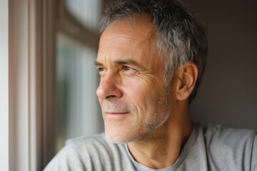Fototapeta premium Portrait of Pensive Middle-Aged Man by the Window