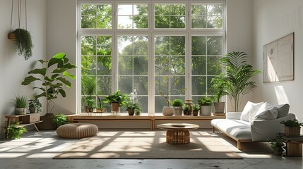 Fototapeta premium White walls, light gray floors, neatly arranged furniture, large french window let the sun spread throughout the room, and indoor green plants dotted in the corners