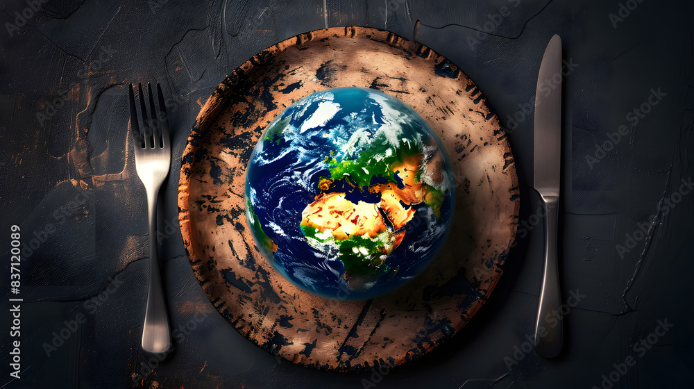 Poster created with generative ai technology. the planet earth plate with a fork and knife. world hunger co