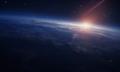 Sunrise over Earth Horizon with Glowing Atmosphere and Meteor in Outer Space