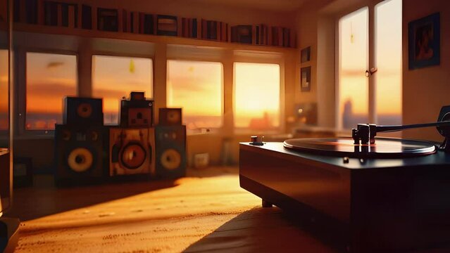 A room vinyl records and a turntable. sunset, stream starting soon screen, overlay loop, animated virtual backgrounds, vtuber asset twitch zoom OBS, manga anime chill hip hop 4k music Animation video